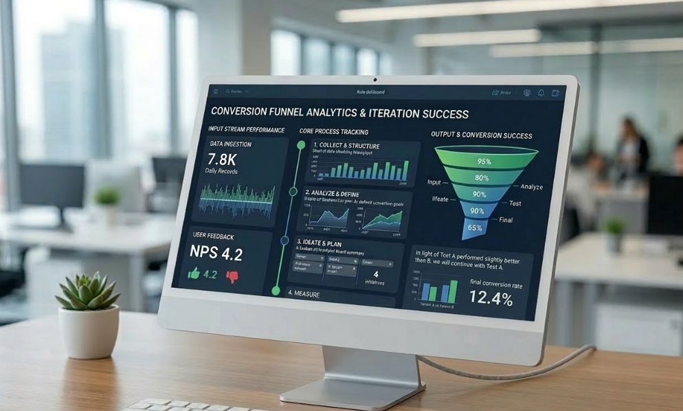 Conversion funnel analytics dashboard showing input stream performance, core process tracking, and outputs conversion success