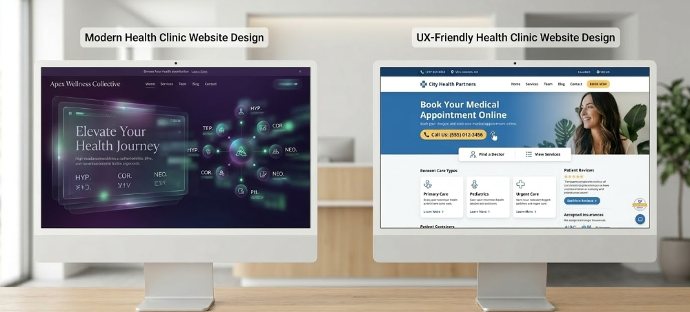 Comparison of complex modern design versus clean UX-friendly design for a health clinic website