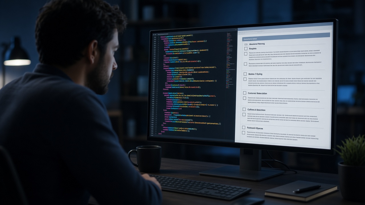 Developer reviewing AI generated code against a written specification on a workstation