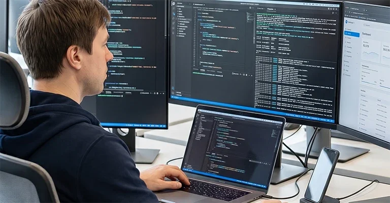 Developer monitoring client websites on a multi monitor workstation with code editors and a performance dashboard